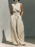 Cotton Linen Sleeveless Blouse and Wide-Leg Pants Co-ord Set 1