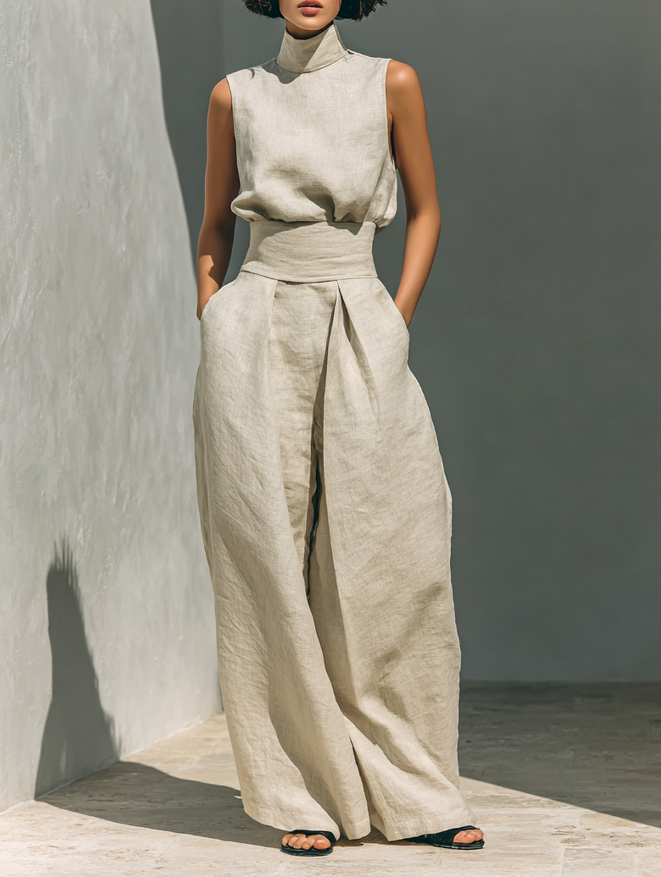 Cotton Linen Sleeveless Blouse and Wide-Leg Pants Co-ord Set