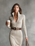 Knitted Half Turtleneck V-Neck Long Sleeve Belted Midi Dress 2
