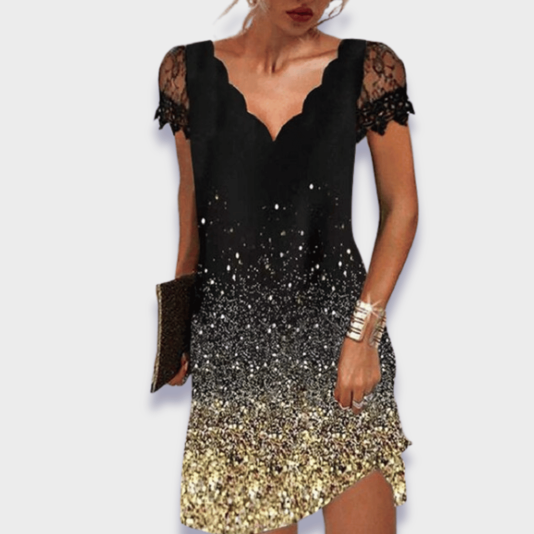 Women's V-Neck Dress with Lace Trim, Short Sleeve Knee Length