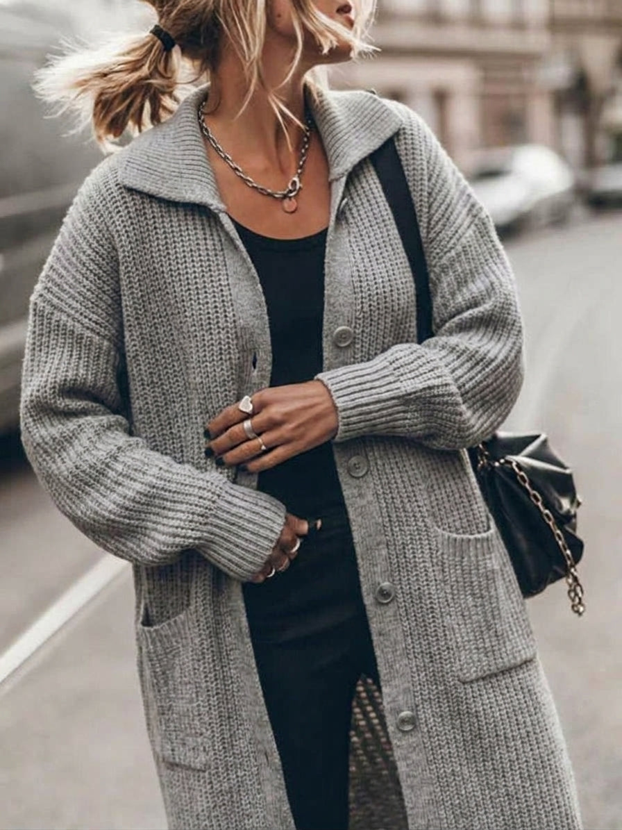 Klara | Chunky Ribbed Long Cardigan with Wide Collar for Women