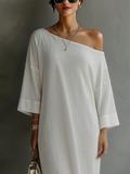 Ivory Cotton Linen One-Shoulder Flowing Midi Dress 4