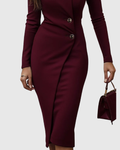Wrap Midi Dress Buttoned Burgundy Fitted 4