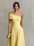 Women's Yellow Linen Dress One-Shoulder Fitted Waist Elegant 3