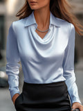 White Satin Blouse Draped Neckline Elegant Fitted 6
