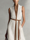 Women's Cotton Linen Maxi Dress Sleeveless V-Neck Tie Waist 4