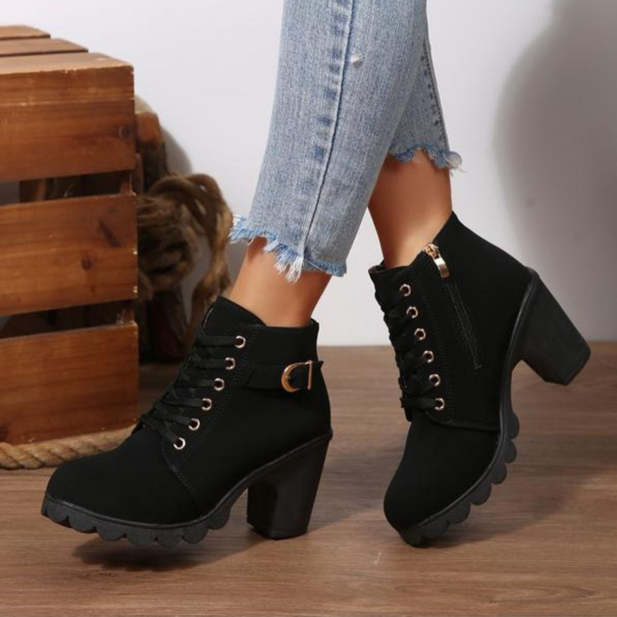 Chunky Metal Buckle Lace-Up Ankle Boots for Women