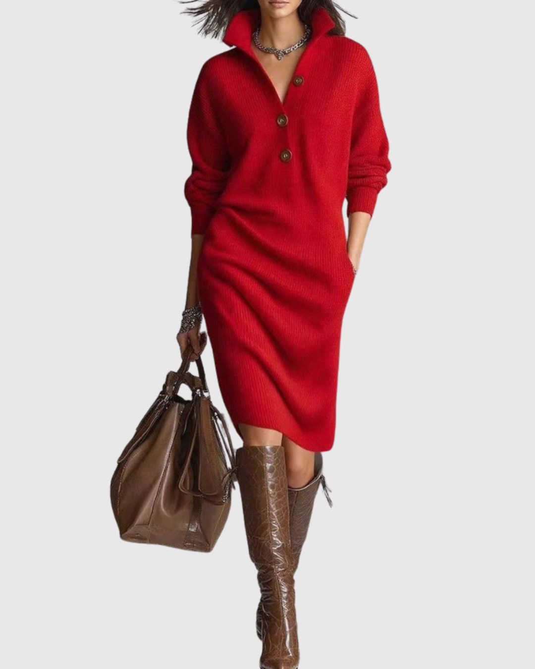 Women's Knit Jumper Dress, Button Collar Midi with Pockets