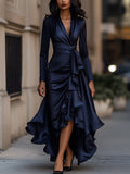 Satin Maxi Dress Midnight Blue Draped Ruffle Detail 1