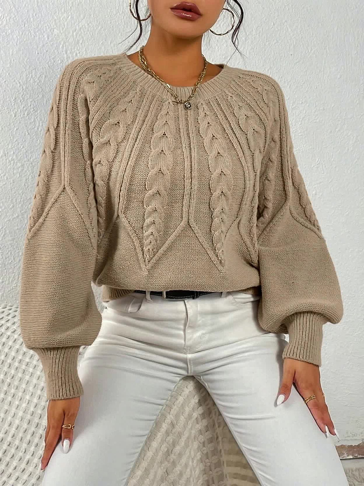 Tilda | Cropped Cable Knit Sweater with Lantern Sleeves for Women