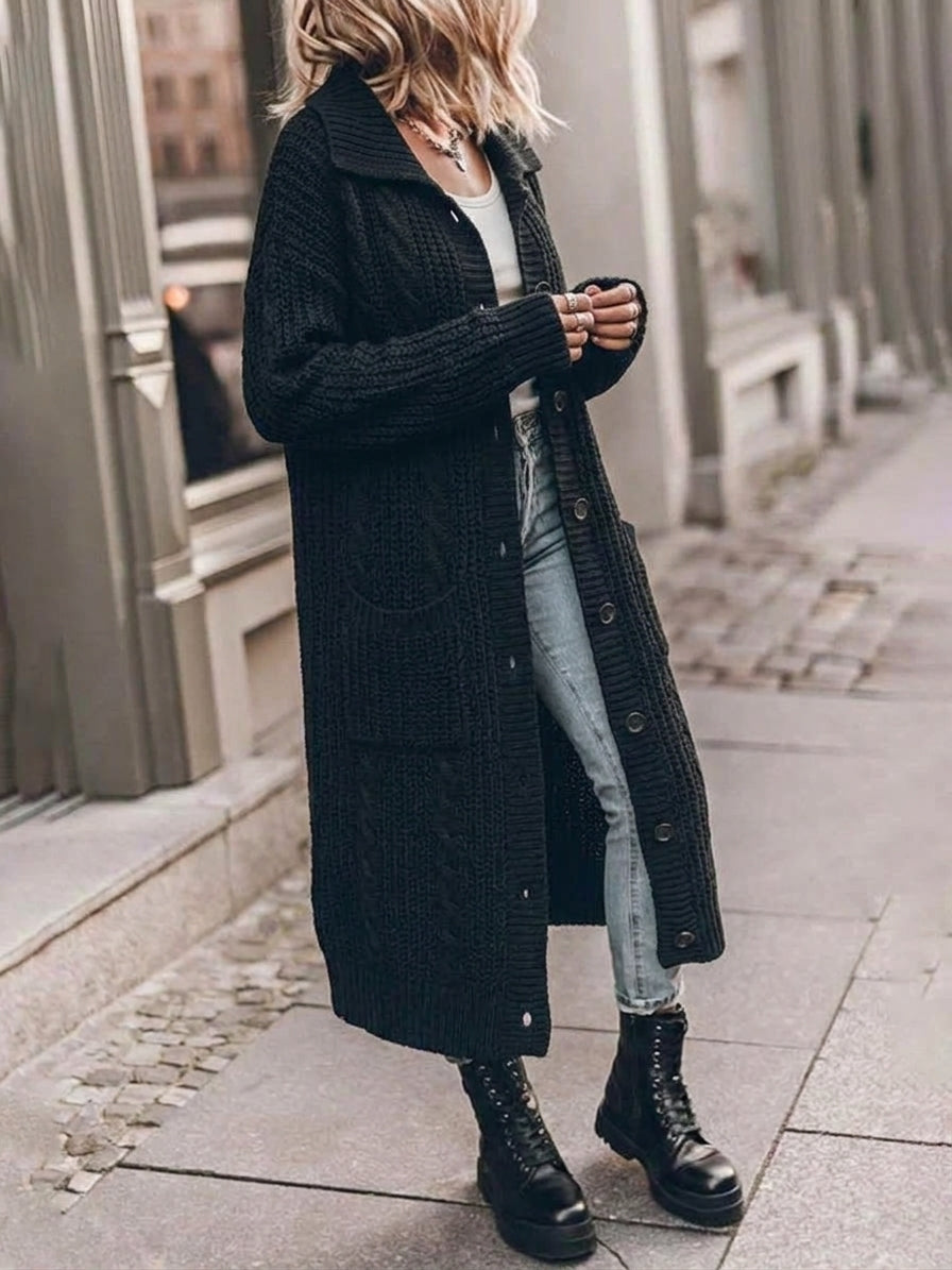 Klara | Chunky Ribbed Long Cardigan with Wide Collar for Women