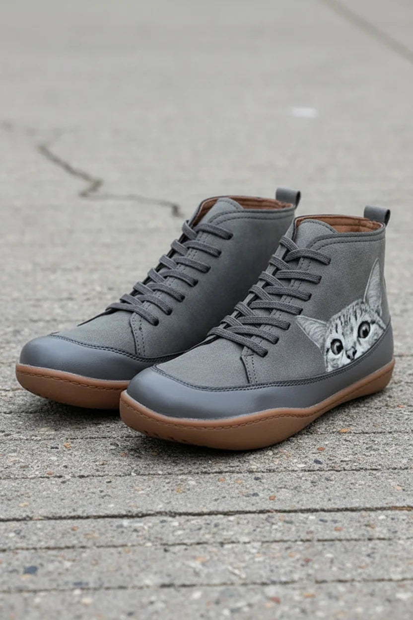 Women's Cat Print Lace Up Ankle Boots, Flat Comfort Sole