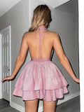 Glitter Cocktail Mini Dress Halter Neck Tiered Skirt 3