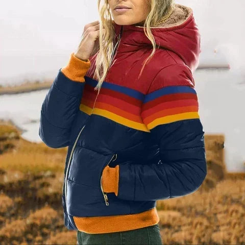 Women's Retro Puffer Jacket, Hooded Rainbow Stripe