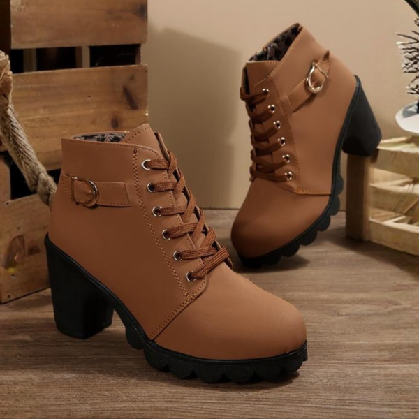 Chunky Metal Buckle Lace-Up Ankle Boots for Women