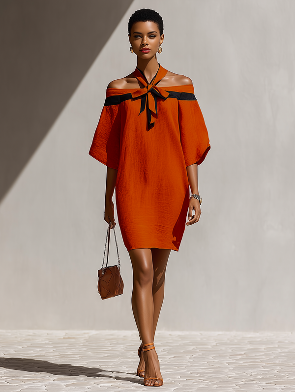 Women's Orange Off-Shoulder Mini Dress Black Bow Neck Detail