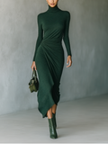 Women's Dark Green Knit Wrap Midi Dress High Neck Stretch 3