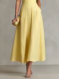 Women's Yellow Linen Dress One-Shoulder Fitted Waist Elegant 4