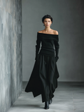 Women's Black Knit Off-Shoulder Top Long Sleeve Ruched Waist 3