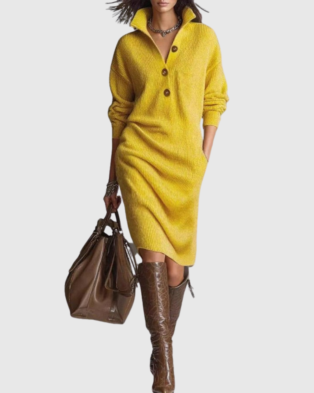 Women's Knit Jumper Dress, Button Collar Midi with Pockets