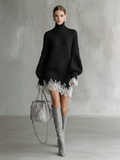 Women's Grey Knitted White Lace Turtleneck Comfortable Mini Dress 3