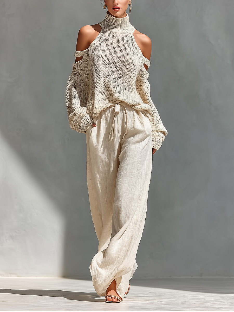 Beige Knit Cold-Shoulder Turtleneck Top and Wide-Leg Pants Set