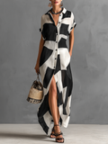 Cotton Linen Geometric Print Lapel Single-Breasted Short Sleeve Maxi Shirt Dress 1