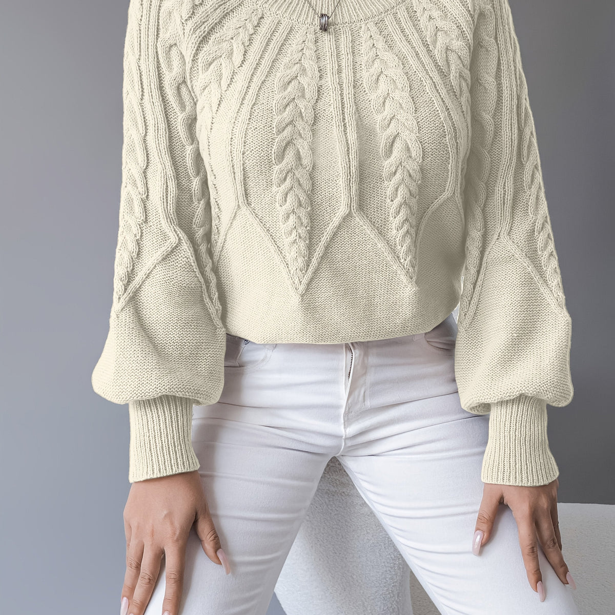 Tilda | Cropped Cable Knit Sweater with Lantern Sleeves for Women