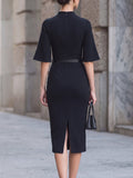 Flared Sleeve Midi Dress Mock Neck Belted Fit 2