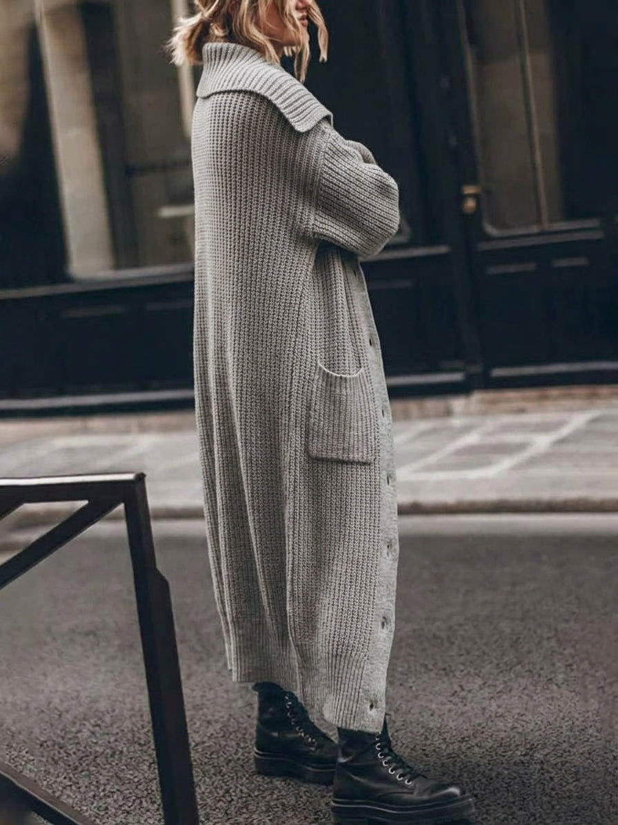Klara | Chunky Ribbed Long Cardigan with Wide Collar for Women