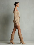 Women's Camel Knit Mini Dress Off-Shoulder Belted Fuzzy 6
