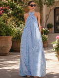Striped Halter Neck Maxi Dress Nautical Sleeveless 3