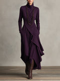 Purple Boho Cotton Stretch Turtleneck Asymmetric Draped Maxi Dress 1