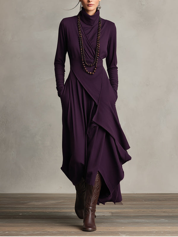 Purple Boho Cotton Stretch Turtleneck Asymmetric Draped Maxi Dress