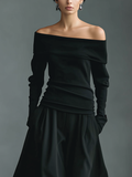 Women's Black Knit Off-Shoulder Top Long Sleeve Ruched Waist 5