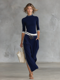 Half-High Neck Long Sleeve T-Shirt and Drawstring Wide-Leg Pants Set 3