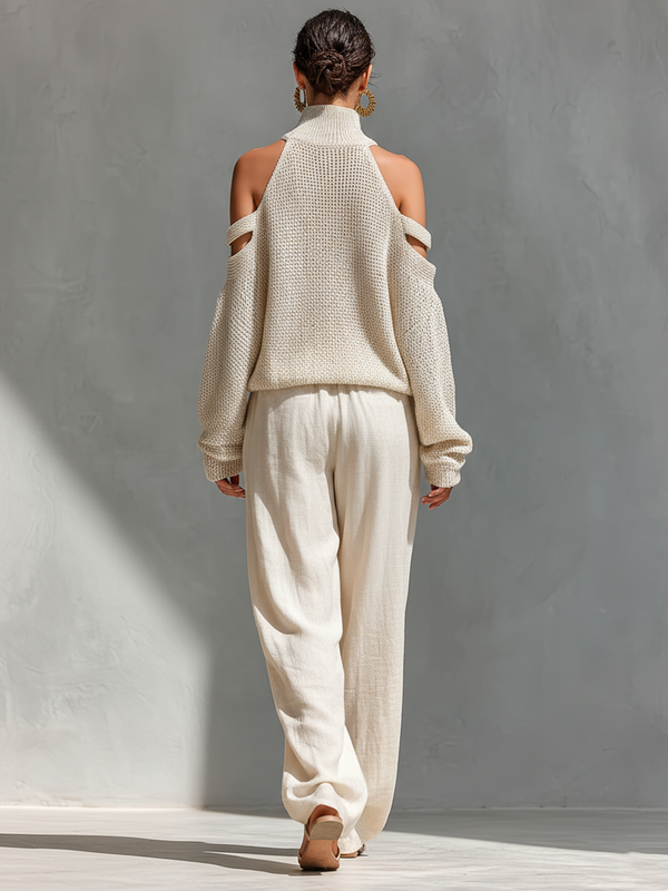 Beige Knit Cold-Shoulder Turtleneck Top and Wide-Leg Pants Set