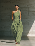 Women's Light Green Cotton Linen Jumpsuit One-Shoulder Wide-Leg Tie Waist 2
