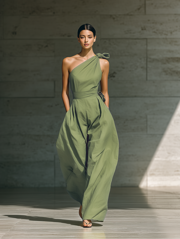 Women's Light Green Cotton Linen Jumpsuit One-Shoulder Wide-Leg Tie Waist