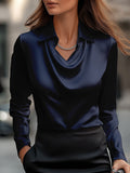 White Satin Blouse Draped Neckline Elegant Fitted 5