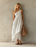 Women's Pink Cotton Linen Maxi Dress One-Shoulder Sleeveless 4