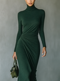 Women's Dark Green Knit Wrap Midi Dress High Neck Stretch 4