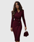 Wrap Midi Dress Buttoned Burgundy Fitted 3