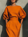 Orange Mid-Sleeve Top and Midi Skirt Co-ord Set 3