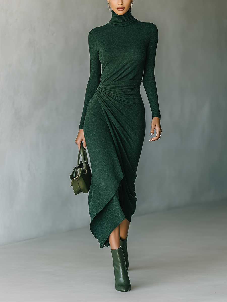 Women's Dark Green Knit Wrap Midi Dress High Neck Stretch