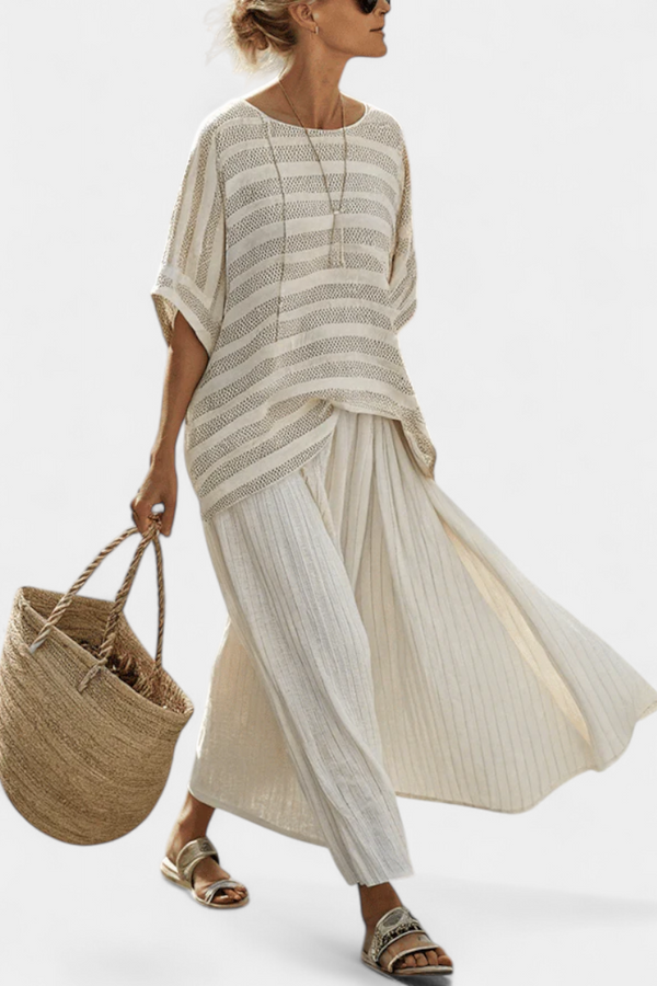 Striped Linen Skirt and Bamboo Top Set Relaxed