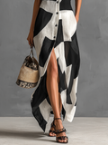 Cotton Linen Geometric Print Lapel Single-Breasted Short Sleeve Maxi Shirt Dress 4