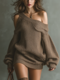 Women's Brown Knit Mini Dress Off-Shoulder Fitted 4