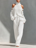 Beige Knit Cold-Shoulder Turtleneck Top and Wide-Leg Pants Set 4