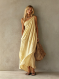 Women's Pink Cotton Linen Maxi Dress One-Shoulder Sleeveless 3